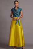 Golden and Peacock Blue A Line Satin Long Wedding Guest Dress