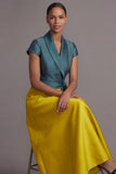 Golden and Peacock Blue A Line Satin Long Wedding Guest Dress