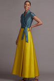 Golden and Peacock Blue A Line Satin Long Wedding Guest Dress