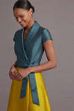 Golden and Peacock Blue A Line Satin Long Wedding Guest Dress
