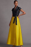 Golden and Peacock Blue A Line Satin Long Wedding Guest Dress