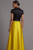 Golden and Peacock Blue A Line Satin Long Wedding Guest Dress