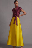 Golden and Peacock Blue A Line Satin Long Wedding Guest Dress