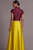 Golden and Peacock Blue A Line Satin Long Wedding Guest Dress