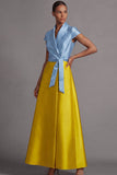 Golden and Peacock Blue A Line Satin Long Wedding Guest Dress