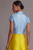 Golden and Peacock Blue A Line Satin Long Wedding Guest Dress