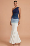 Mermaid Ruched One Shoulder Blue Long Wedding Guest Dress