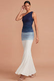 Mermaid Ruched One Shoulder Blue Long Wedding Guest Dress