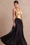 A Line Champagne and Black Long Wedding Guest Dress with Slit