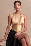 A Line Champagne and Black Long Wedding Guest Dress with Slit