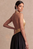 A Line Champagne and Black Long Wedding Guest Dress with Slit