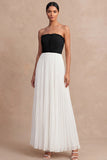 Black and White Pleated A Line Long Formal Dress