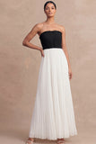 Black and White Pleated A Line Long Formal Dress