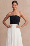 Black and White Pleated A Line Long Formal Dress