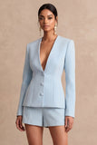 Light Blue Long Sleeves 2 Piece Short Work Suits