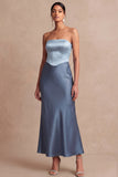 Dusty Blue Strapless Midi Mermaid Basque Waist Formal Dress