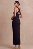 Simple Black Sheath Maxi Formal Dress with Criss Cross Back
