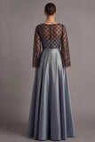 Dusty Blue A Line Illusion Neck Maxi Formal Dress with Sleeves
