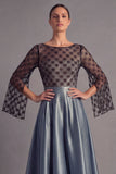 Dusty Blue A Line Illusion Neck Maxi Formal Dress with Sleeves