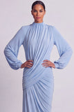 Modest Blue Sheath Ruched Maxi Formal Dress with Sleeves