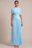 Light Blue A Line Pleated Long Formal Dress with Cape