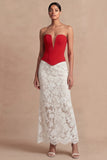 Red and White Sheath Basque Waist Maxi Evening Dress with Lace