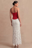 Red and White Sheath Basque Waist Maxi Evening Dress with Lace