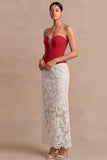 Red and White Sheath Basque Waist Maxi Evening Dress with Lace