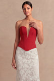 Red and White Sheath Basque Waist Maxi Evening Dress with Lace