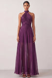Grape A Line Halter Neck Long Formal Dress
