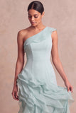 Lake Blue Maxi One Shoulder Formal Dress with Ruffles
