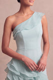 Lake Blue Maxi One Shoulder Formal Dress with Ruffles