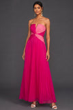 Fuchsia Pleated Strapless Front Twisted A Line Maxi Formal Dress