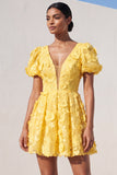 Light Yellow Floral Appliqued Short Summer Formal Dress