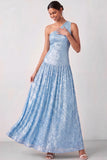 Sparkly Light Blue Pleated One Shoulder Long Formal Dress