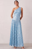 Sparkly Light Blue Pleated One Shoulder Long Formal Dress
