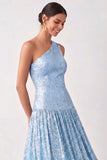 Sparkly Light Blue Pleated One Shoulder Long Formal Dress