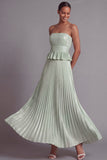 Pleated Ruffled A Line Dusty Sage Long Formal Dress