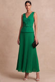 Emerald Green A Line Pleated Long Formal Dress with Belt