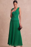 Emerald Green A Line Pleated Long Formal Dress with Belt
