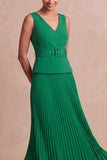 Emerald Green A Line Pleated Long Formal Dress with Belt