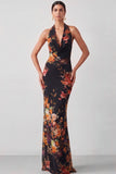 Black Floral Mermaid Halter Neck Long Formal Dress