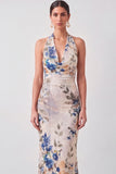 Black Floral Mermaid Halter Neck Long Formal Dress