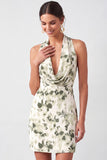 Light Green Bodycon Floral Halter Neck Short Formal Dress