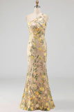 Yellow Floral Mermaid Ruched Long Formal Dress
