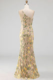 Yellow Floral Mermaid Ruched Long Formal Dress