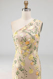 Yellow Floral Mermaid Ruched Long Formal Dress