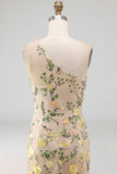 Yellow Floral Mermaid Ruched Long Formal Dress