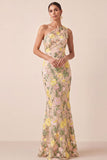 Yellow Floral Mermaid Ruched Long Formal Dress