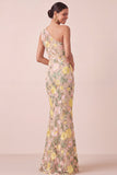 Yellow Floral Mermaid Ruched Long Formal Dress